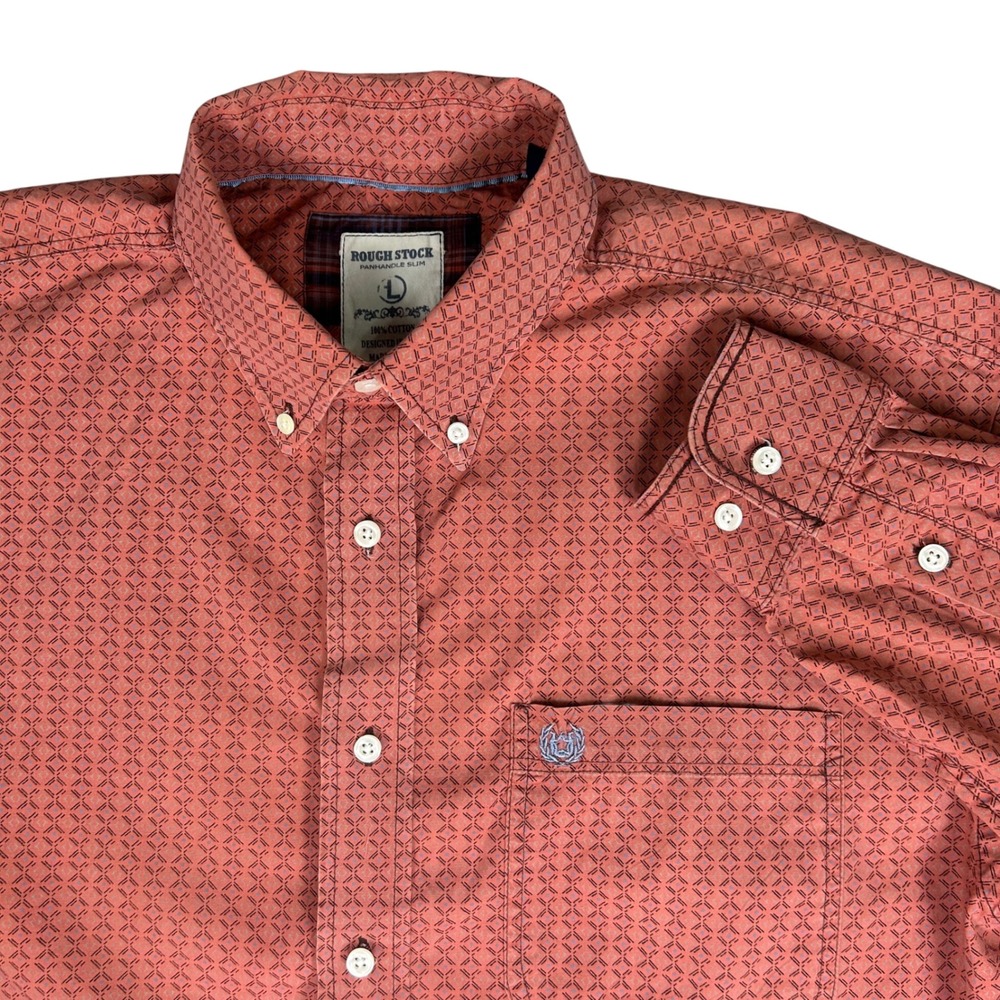Panhandle Rough Stock Men's Large Western Button Down Coral Print Rancher Shirt